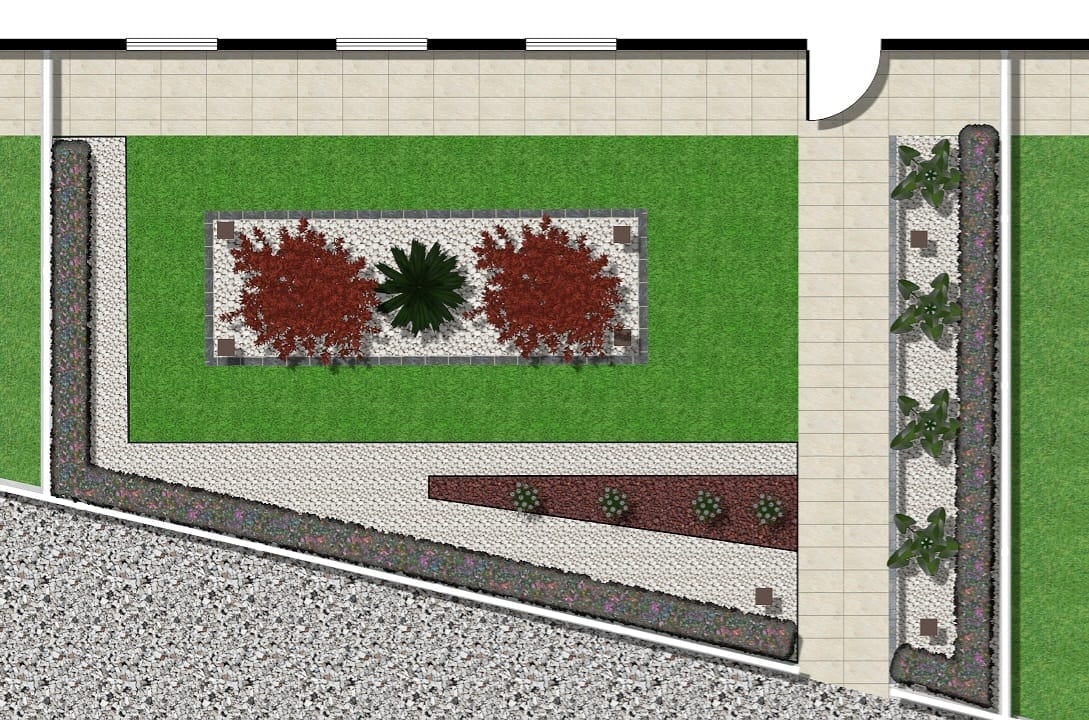 Aerial view of a modern landscape design showing green lawn with red flowers, gravel pathways, and climbing ivy on perimeter walls