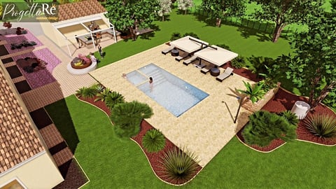 Aerial view of a residential property with swimming pool, lounge chairs, manicured lawn, and surrounding landscaping