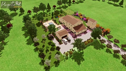 Aerial view of a large residential estate with multiple terracotta buildings surrounded by green fields and scattered trees