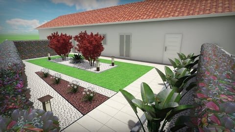Modern house with landscaped garden featuring red flowering plants, green lawn, white patio, and decorative shrubs
